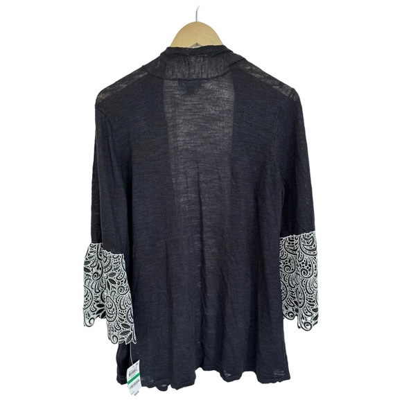 Alfani Open Front Linen Cardigan Black Sweater White Lace Bell Cuffs Size Large - Picture 8 of 16